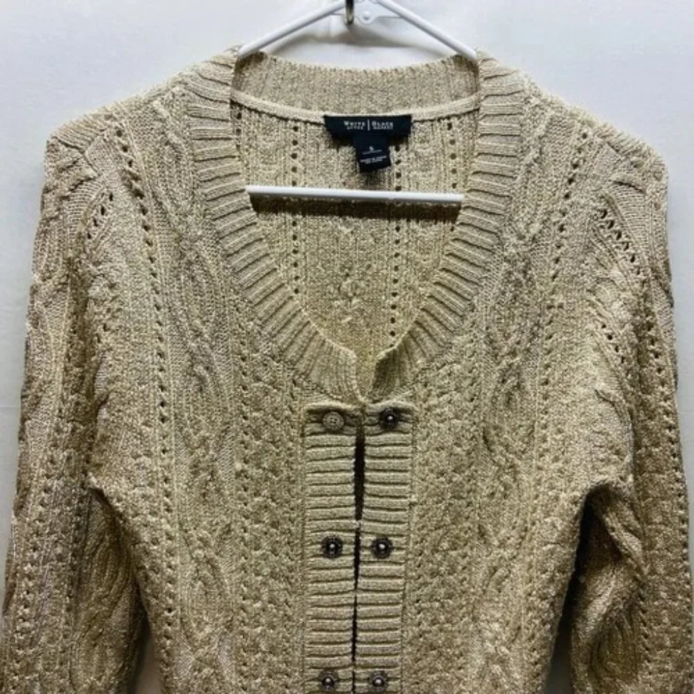 White House Black Market‎ Cardigan Sweater Women's Small Gold Metallic Knit EUC
